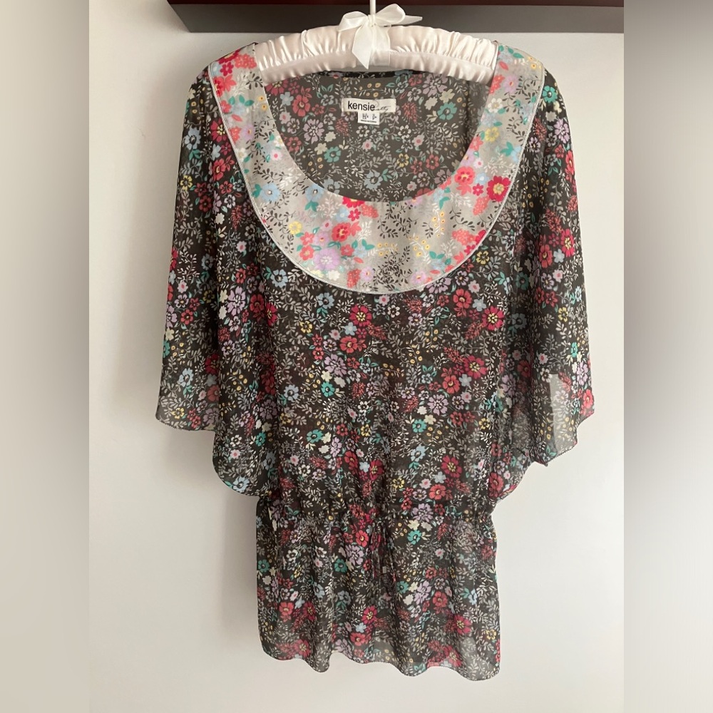 Floral Print Sheer Tunic Bat-wing Sleeves Scoop Neck